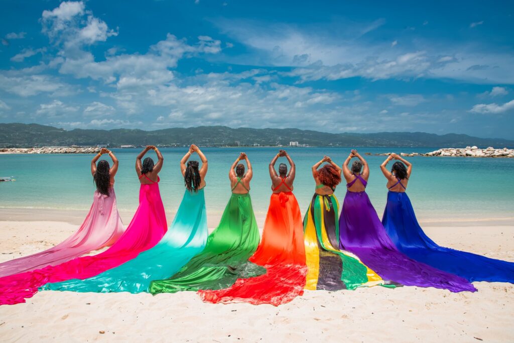 Colorful flying dress group photoshoot in Jamaica